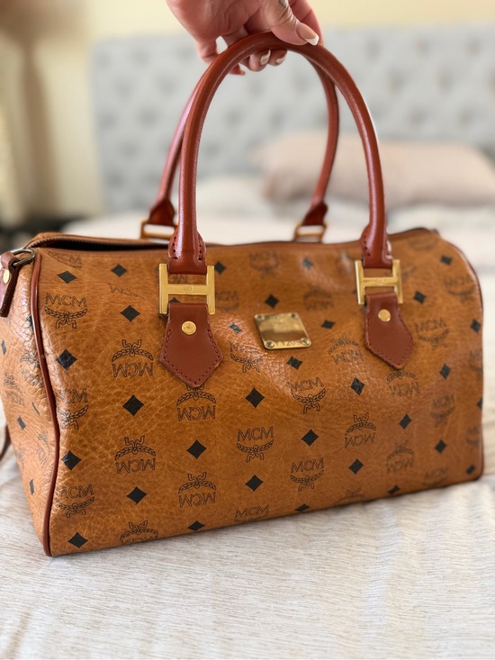 MCM Handbags - MCM Visetos Tan and Brown Top-Handle Satchel
